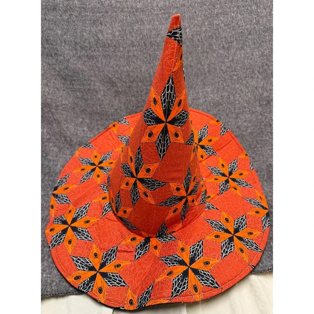 Handmade Quilted Reversible Witch Hat Orange Spider Web Bk Polka Dot Halloween
